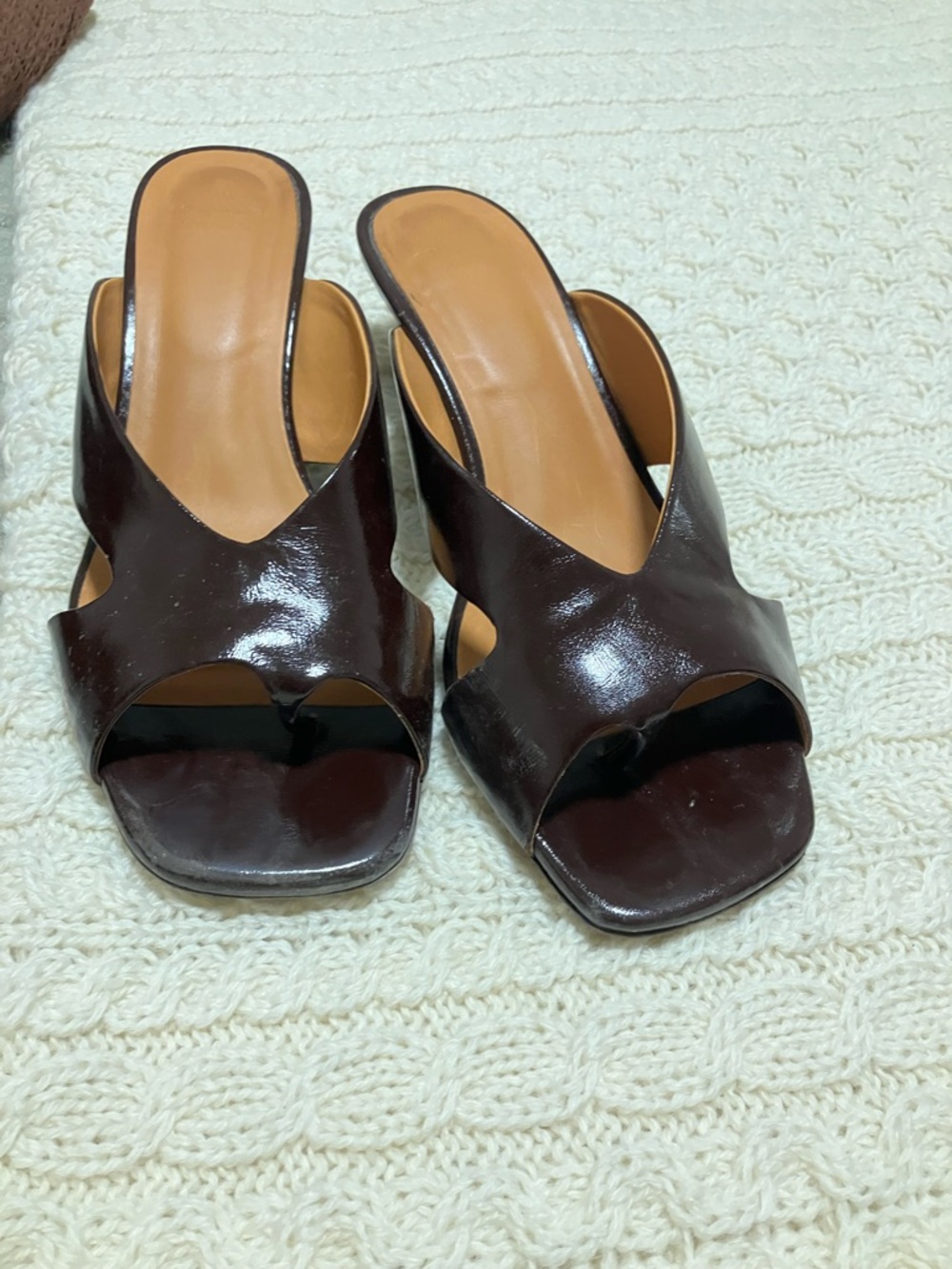 Sezane Dark Brown Patent Open-Toe Slip-On Mules
